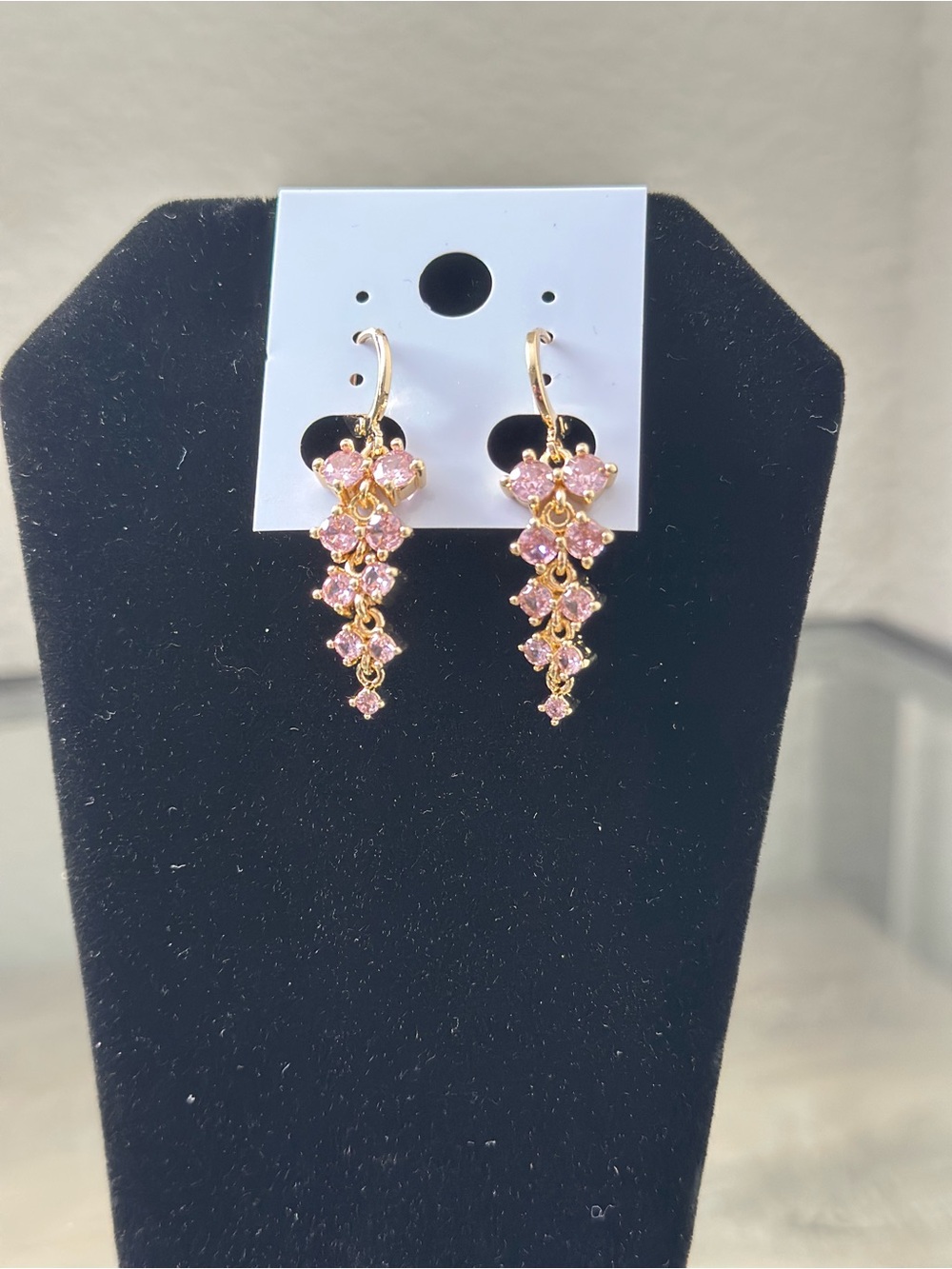 Gold Filled Pink Crystal Drop Earrings - Gold Tone